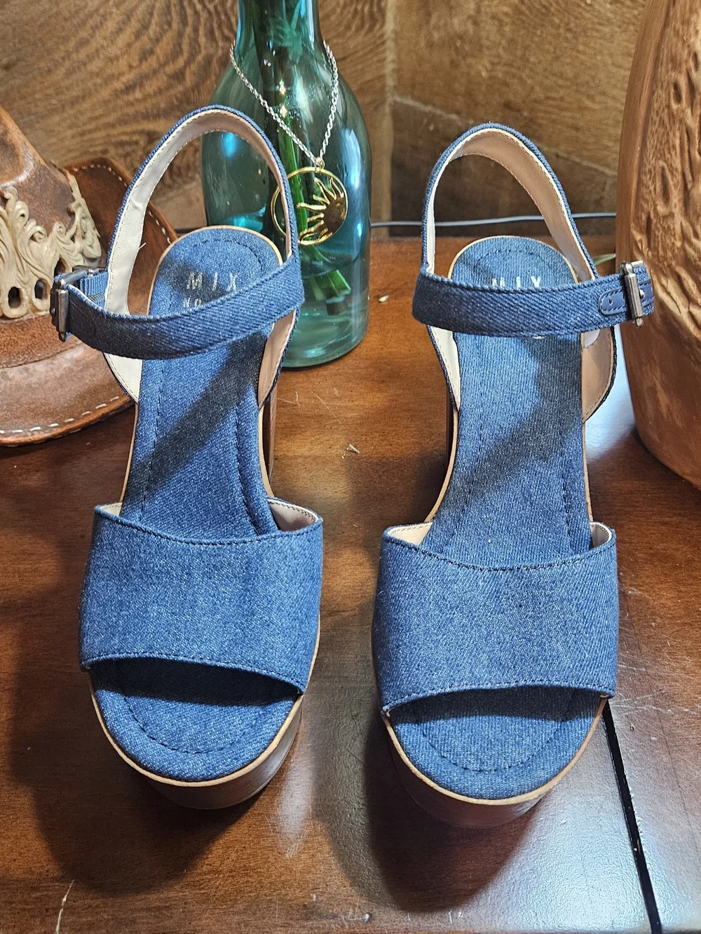 Mix No.6 Denim Platform Sandals with Wood-Effect Heel - Blue